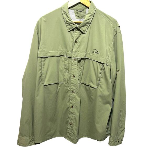 LL Bean Mens Outdoor Button Shirt XXL Green Nylon Utility Hiking Fishing Travel‎ - Picture 1 of 11
